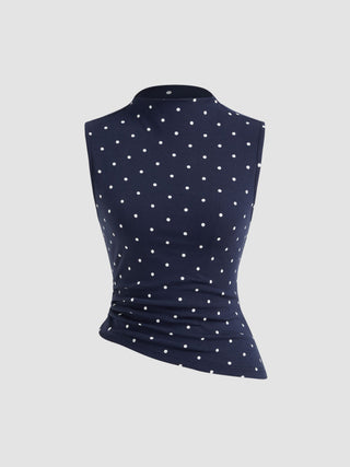 Cotton-blend High Neck Polka Dot Asymmetrical Hem Top & Mid Rise Capri Pants Set