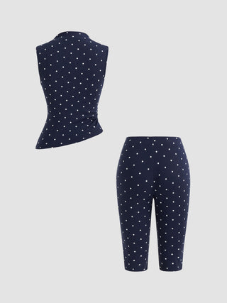 Cotton-blend High Neck Polka Dot Asymmetrical Hem Top & Mid Rise Capri Pants Set