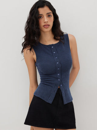 Round Neckline Stripe Button Through Tank Top