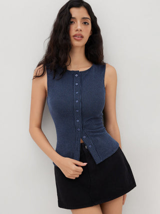 Round Neckline Stripe Button Through Tank Top