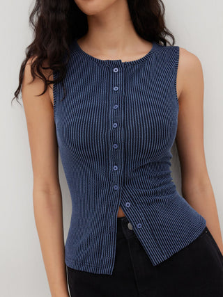 Round Neckline Stripe Button Through Tank Top