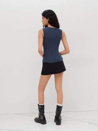 Round Neckline Stripe Button Through Tank Top