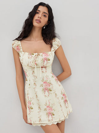 Square Neck Floral Knotted Mini Dress