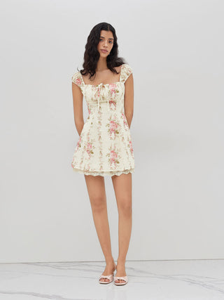 Square Neck Floral Knotted Mini Dress