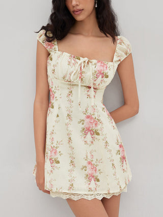 Square Neck Floral Knotted Mini Dress