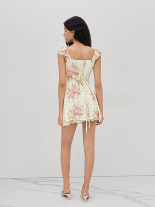 Square Neck Floral Knotted Mini Dress