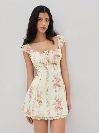 Square Neck Floral Knotted Mini Dress