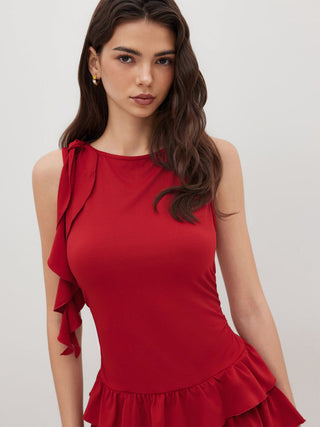 Boat Neck Ruched Ruffle Hem Layered Micro Romper