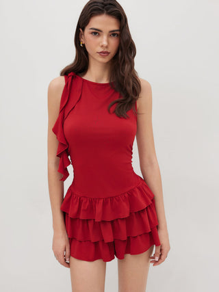 Boat Neck Ruched Ruffle Hem Layered Micro Romper