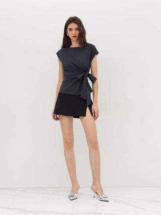Woven Boat Neck Stripe Knotted Oversized Top For Work