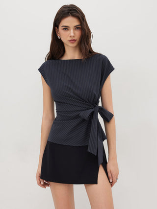 Woven Boat Neck Stripe Knotted Oversized Top For Work