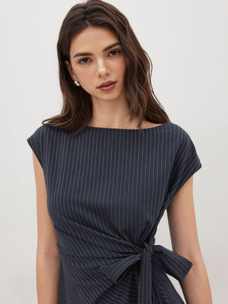 Woven Boat Neck Stripe Knotted Oversized Top For Work