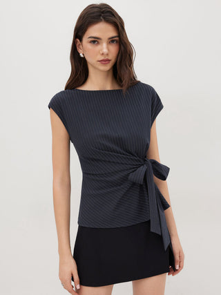 Woven Boat Neck Stripe Knotted Oversized Top For Work
