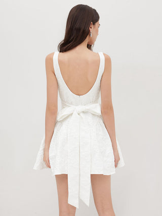 Jacquard U-neckline Floral Backless Bowknot Mini Dress