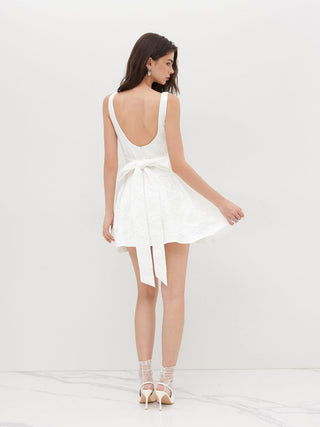 Jacquard U-neckline Floral Backless Bowknot Mini Dress