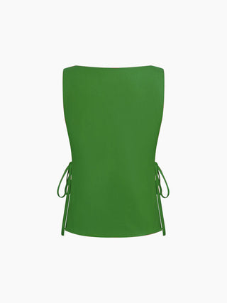Linen-blend Linen-blend Boat Neck Tie Side Knotted Split Tank Top For Vacation