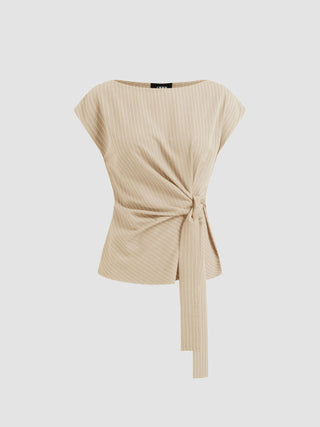 Woven Boat Neck Stripe Knotted Oversized Top For Work