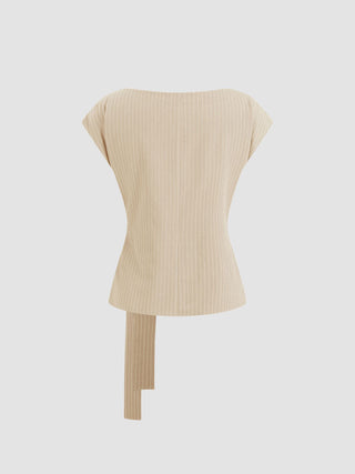 Woven Boat Neck Stripe Knotted Oversized Top For Work