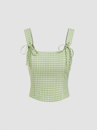 Valentine Woven U-neckline Gingham Bowknot Crop Tank Top & Low Rise Mini Skirt Set For Date