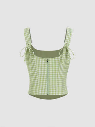 Valentine Woven U-neckline Gingham Bowknot Crop Tank Top & Low Rise Mini Skirt Set For Date