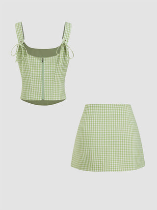 Valentine Woven U-neckline Gingham Bowknot Crop Tank Top & Low Rise Mini Skirt Set For Date