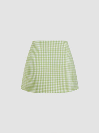 Valentine Woven U-neckline Gingham Bowknot Crop Tank Top & Low Rise Mini Skirt Set For Date