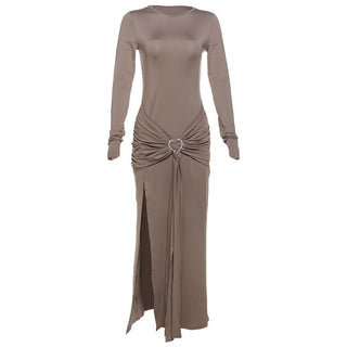 Crewneck long sleeve ruched slit maxi dress