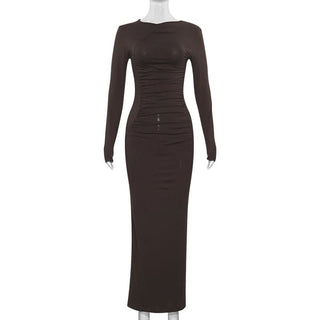 Crewneck long sleeve ruched solid maxi dress