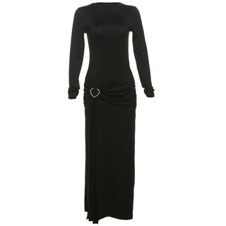 Crewneck long sleeve ruched slit maxi dress