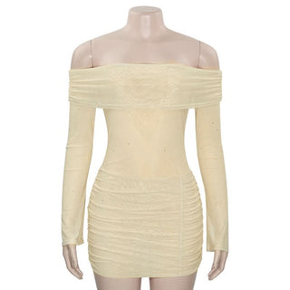 Long sleeve off shoulder glitter mesh ruched mini dress