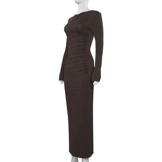 Crewneck long sleeve ruched solid maxi dress