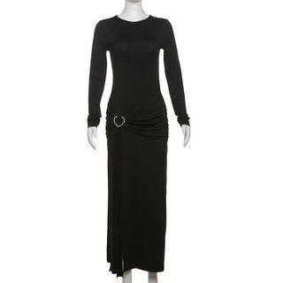 Crewneck long sleeve ruched slit maxi dress