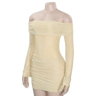 Long sleeve off shoulder glitter mesh ruched mini dress