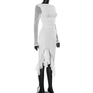 Long sleeve mesh patchwork ruffle midi dress