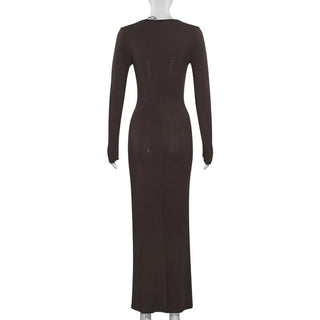 Crewneck long sleeve ruched solid maxi dress