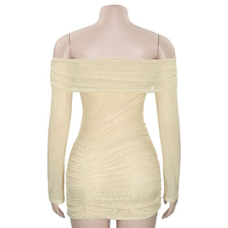 Long sleeve off shoulder glitter mesh ruched mini dress