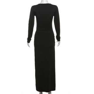 Crewneck long sleeve ruched slit maxi dress