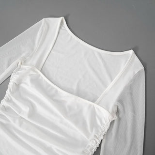 Long sleeve mesh patchwork ruffle midi dress