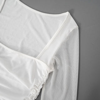 Long sleeve mesh patchwork ruffle midi dress