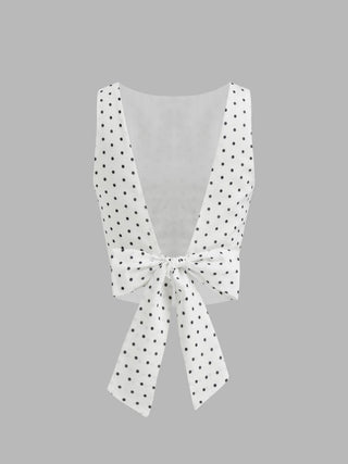 Woven Boat Neck Polka Dot Bowknot Backless Crop Top For Work