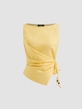 Linen-blend Beaded Knotted Ruched Tank Top