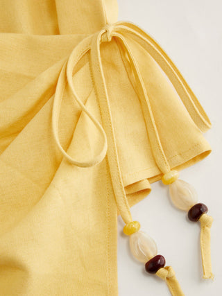 Linen-blend Beaded Knotted Ruched Tank Top