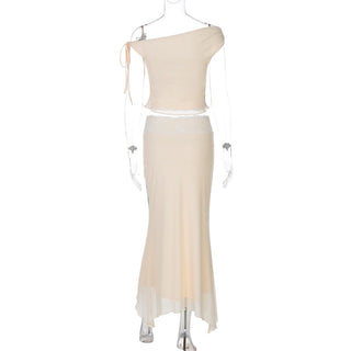 Off shoulder flower print lace hem maxi skirt set