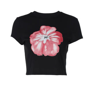 Crewneck flower pattern short sleeve crop top