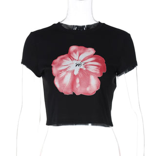 Crewneck flower pattern short sleeve crop top