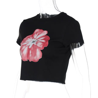 Crewneck flower pattern short sleeve crop top