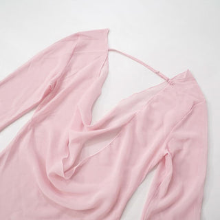 Cowl neck long sleeve chiffon see through mini dress