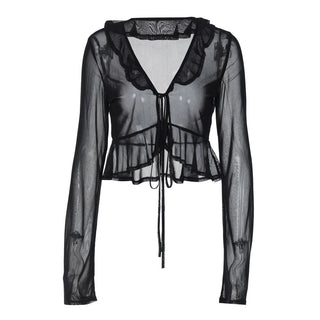 Long sleeve sheer mesh ruffle self tie top