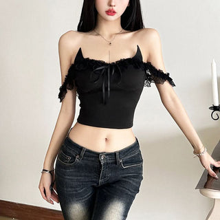 Off shoulder lace hem ruffle bowknot top