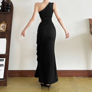 One shoulder hollow out slit ruffle cut out maxi dress